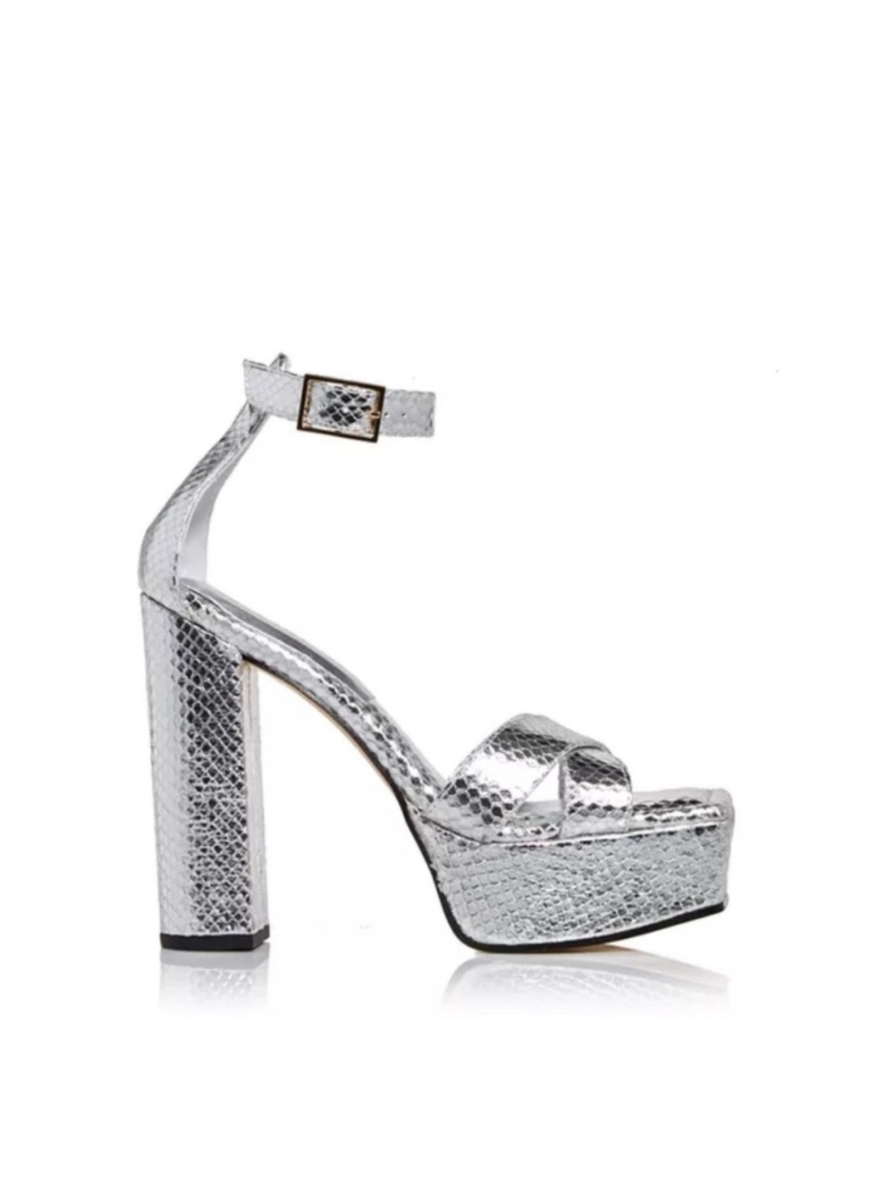 Good American Snake Embossed Platform High Heel Sandals in Silver, 6.5 NWT $185